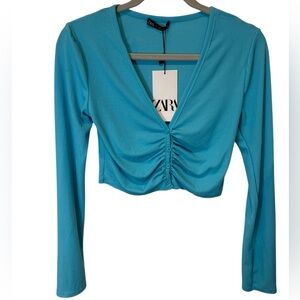 NWT Zara Light Blue Long Sleeve Ruched Crop Top